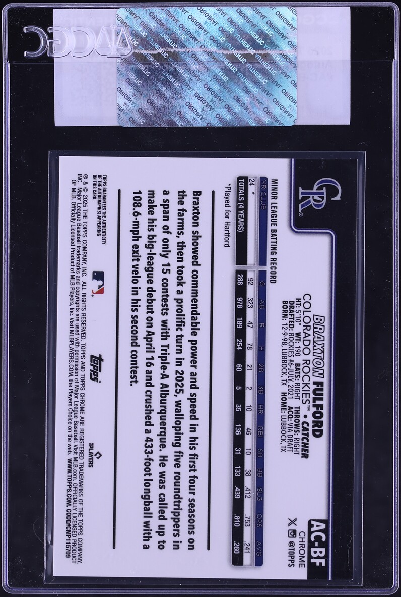 2025 Topps Chrome Update Braxton Fulford ROOKIE AUTO #AC-BF CGC AUTH