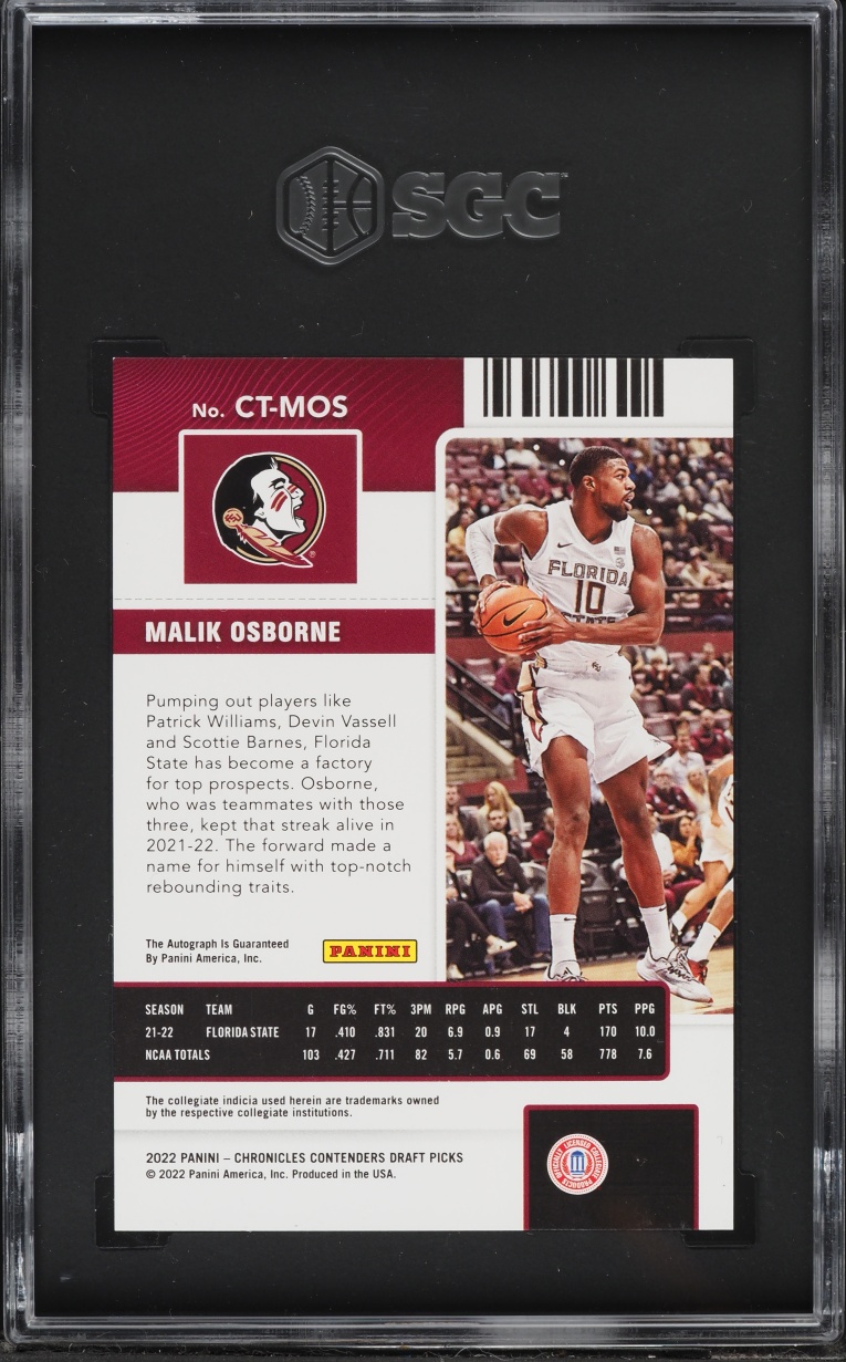 2022 Panini Chronicles Draft Picks Contenders Pink Malik Osborne ROOKIE AUTO #CT-MOS SGC 10