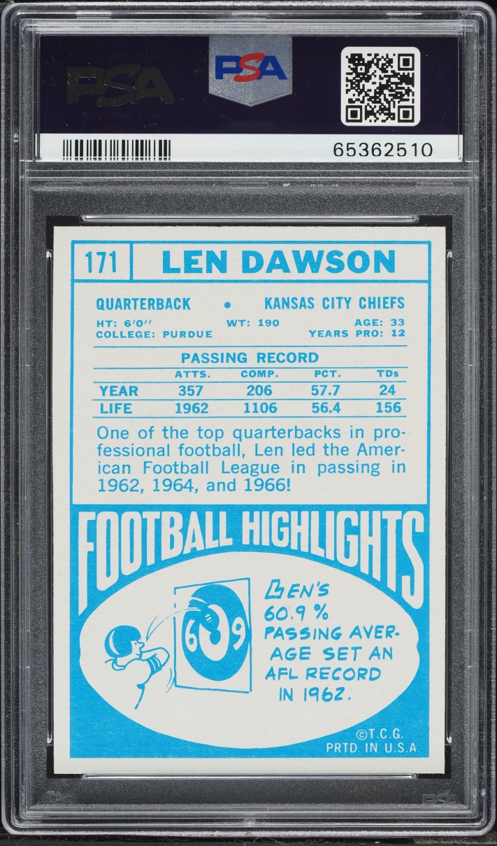 1968 Topps Football Len Dawson #171 PSA 7 NRMT