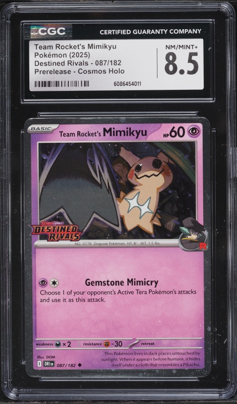 2025 Pokemon SV Destined Rivals Prerelease Team Rocket's Mimikyu #87 CGC 8.5 NM-MT+