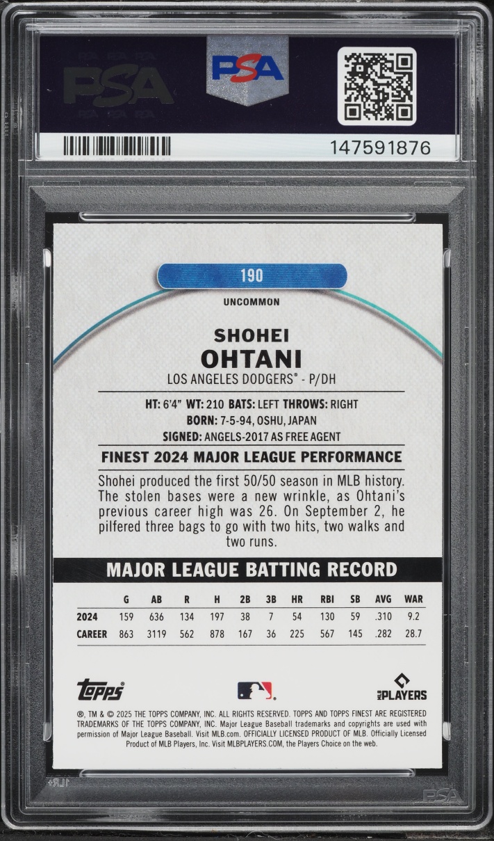 2025 Finest Sky Blue Refractor Shohei Ohtani /250 #190 PSA 9 MINT