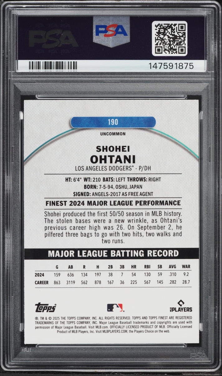 2025 Finest Sky Blue Refractor Shohei Ohtani 250/250 #190 PSA 9 MINT