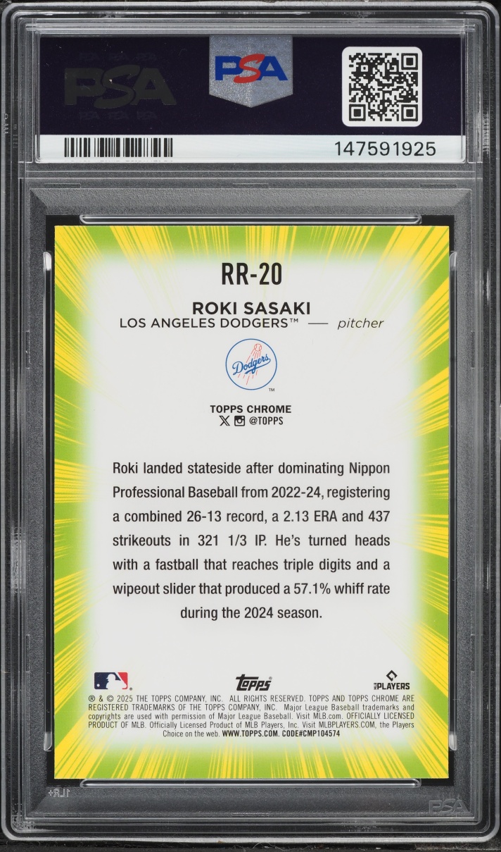 2025 Topps Chrome Radiating Roki Sasaki ROOKIE #RR-20 PSA 10 GEM MINT