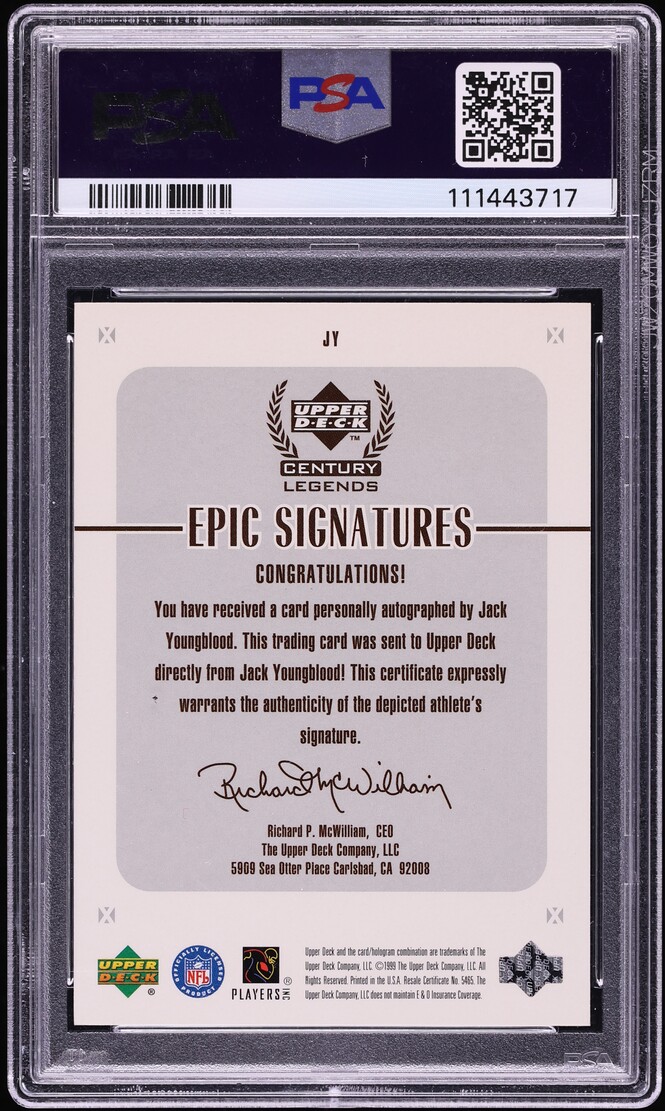 1999 Upper Deck Century Legends Epic Signatures Jack Youngblood AUTO #JY PSA 10 GEM MINT
