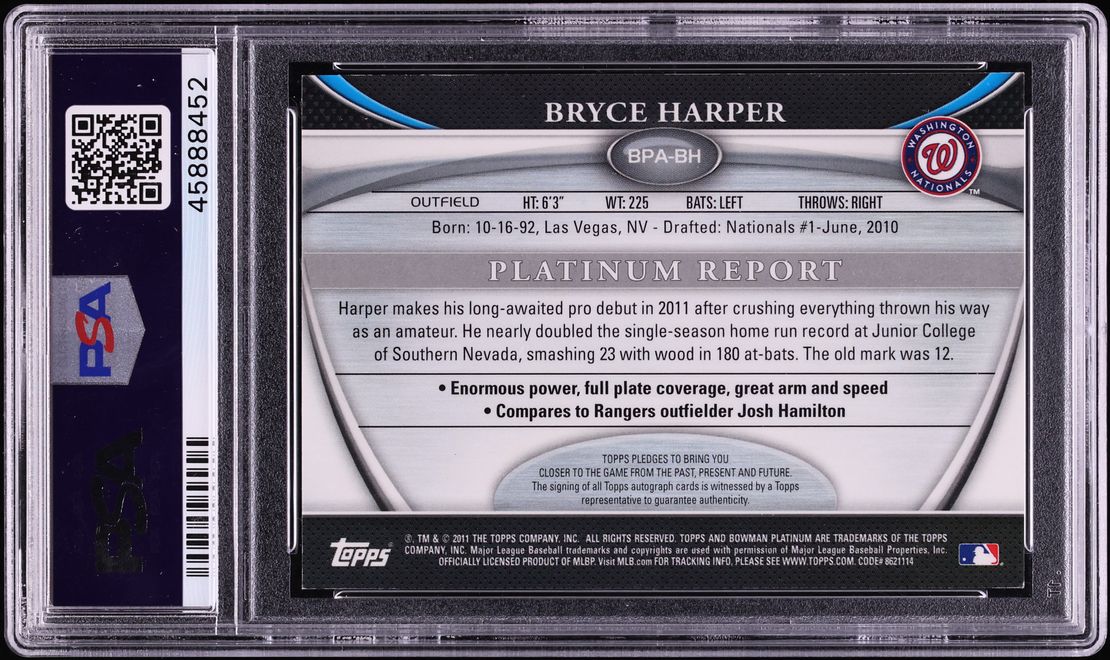 2011 Bowman Platinum Blue Refractor Bryce Harper PROSPECT AUTO /99 #BPA-BH PSA 8 NM-MT
