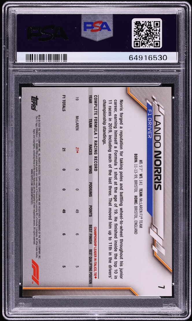 2020 Topps Chrome Formula 1 F1 Sapphire Edition Lando Norris ROOKIE #7 PSA 10 GEM MINT