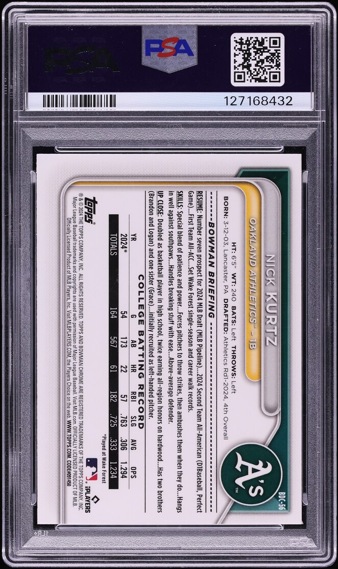 2024 Bowman Chrome Draft Steel Metal Refractor Nick Kurtz PROSPECT /100 #BDC-56 PSA 9 MINT