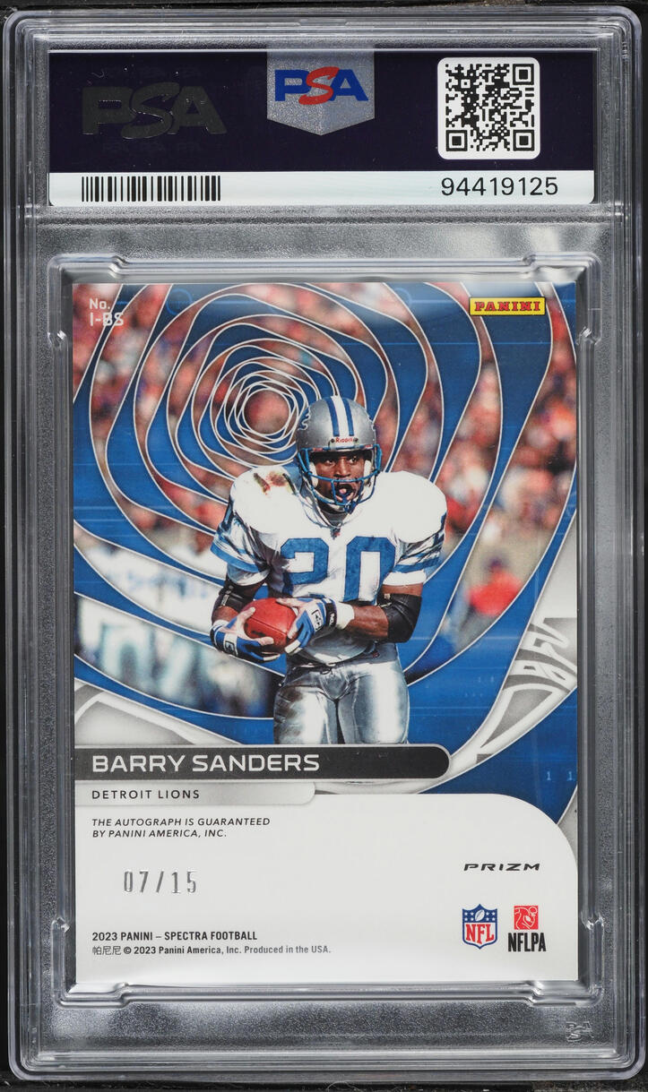 2023 Panini Spectra Icons Neon Pink Barry Sanders AUTO /15 #IBS PSA 10 GEM MINT