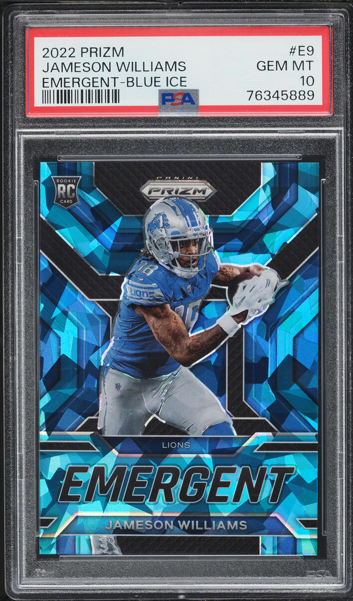 2022 Panini Prizm Emergent Blue Ice Jameson Williams ROOKIE /99 #E9 PSA 10 GEM MINT