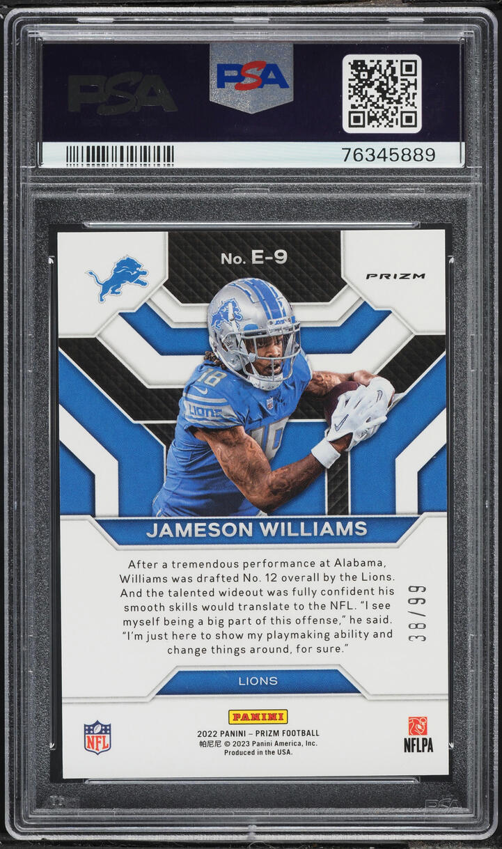 2022 Panini Prizm Emergent Blue Ice Jameson Williams ROOKIE /99 #E9 PSA 10 GEM MINT