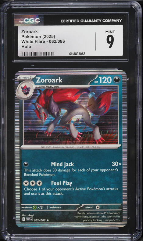 2025 Pokemon Scarlet & Violet White Flare Holo Zoroark #62 CGC 9 MINT