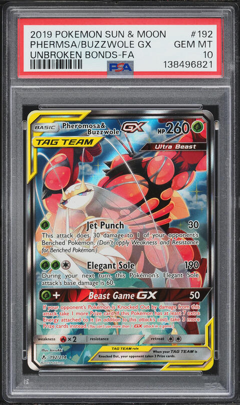 2019 Pokemon Sun & Moon Unbroken Bonds Full Art Pheromosa & Buzzwole GX #192 PSA 10 GEM MINT