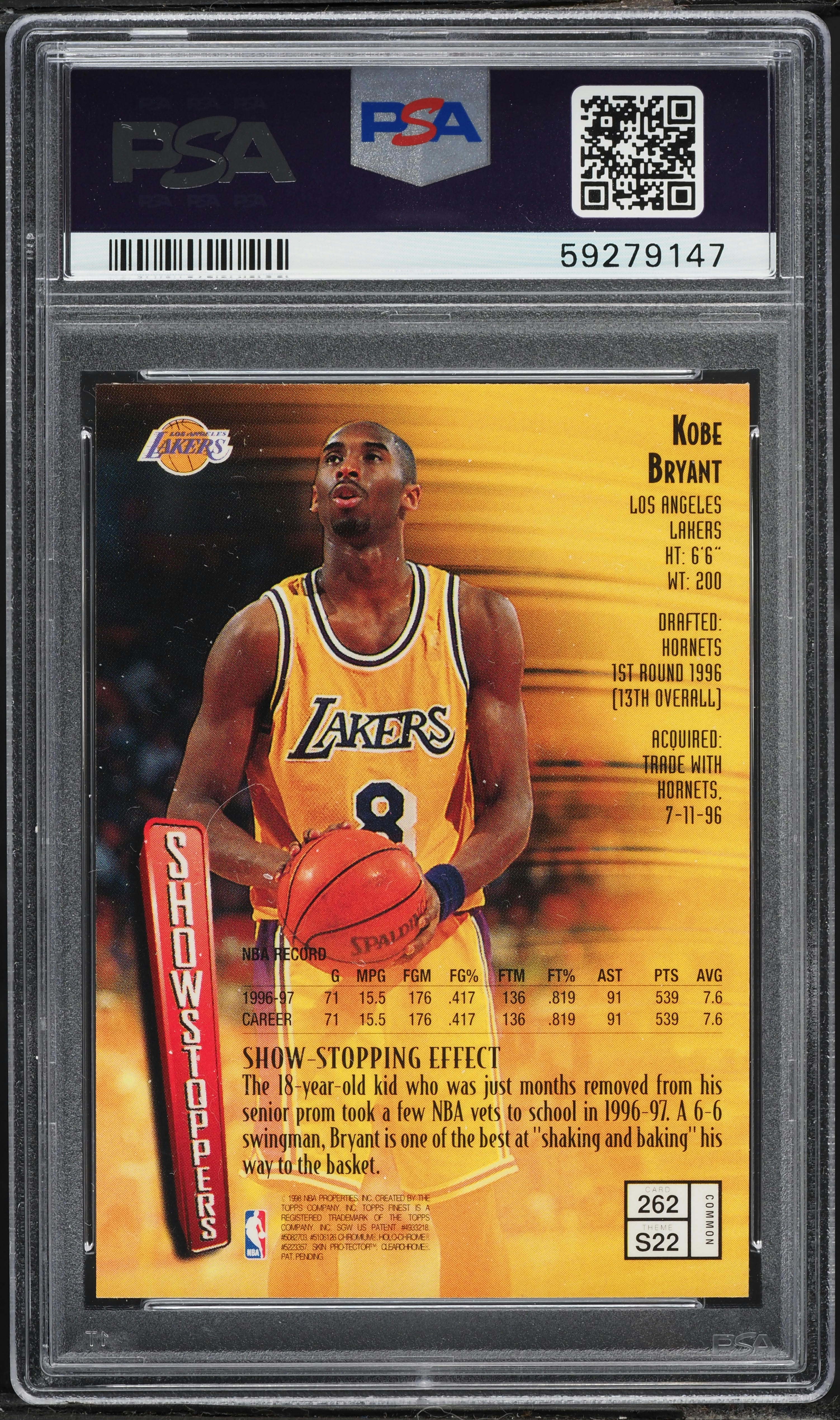 1997 Finest Basketball w/ Coating Kobe Bryant #262 PSA 9 MINT on