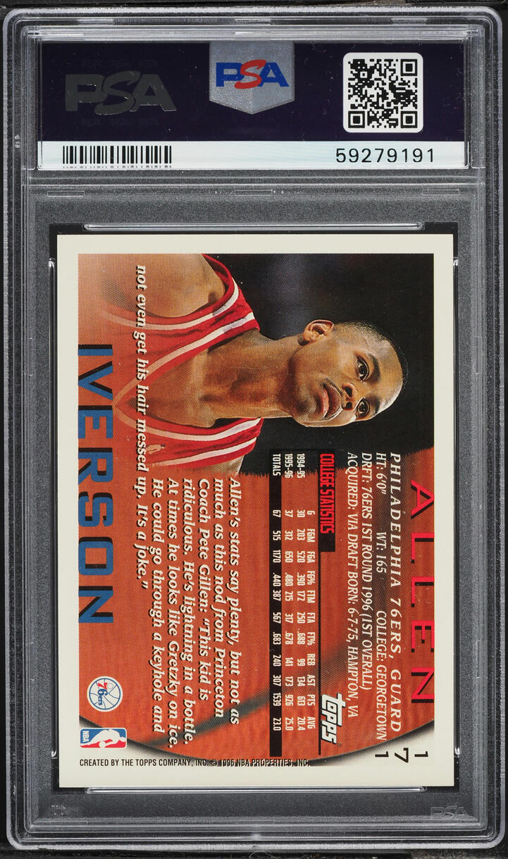 1996 Topps Basketball Allen Iverson ROOKIE #171 PSA 8 NM-MT