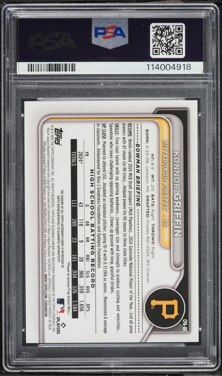 2024 Bowman Chrome Bubble Gum Refractor Konnor Griffin PROSPECT AUTO /5 #CPA-KG PSA 9 MINT