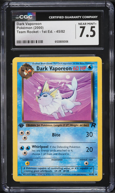 2000 Pokemon Team Rocket 1st Edition Dark Vaporeon #45 CGC 7.5 NRMT+