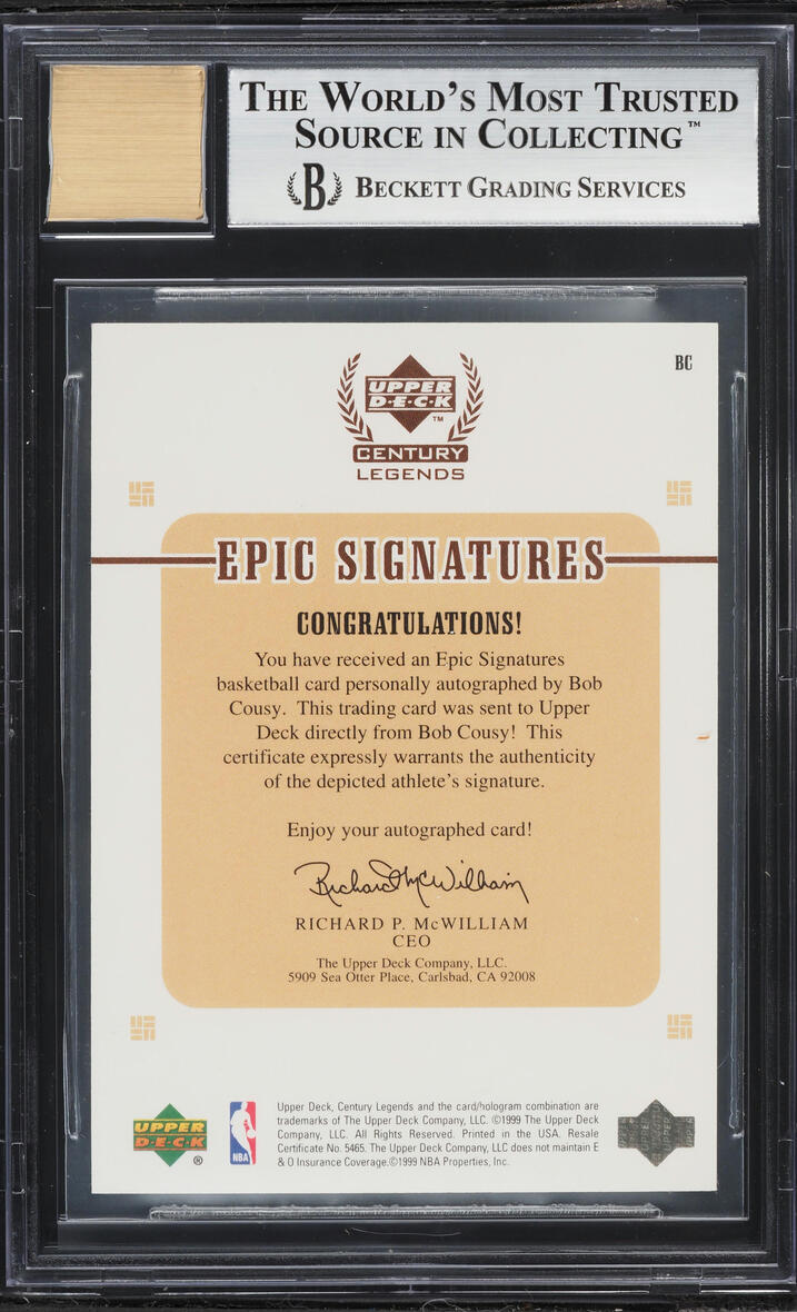 1999 Upper Deck Century Legends Epic Century Bob Cousy AUTO /100 #BC BGS 9 MINT