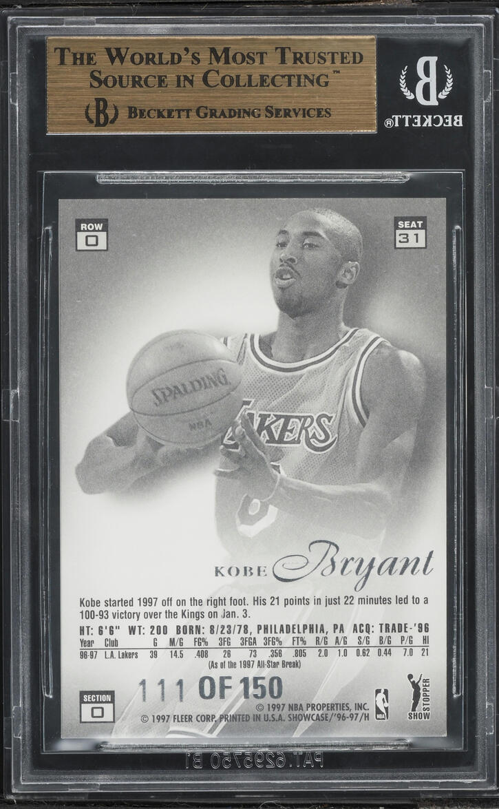 1996 Flair Showcase Legacy Collection Row 0 Kobe Bryant ROOKIE /150 #31 BGS 9.5 GEM MINT