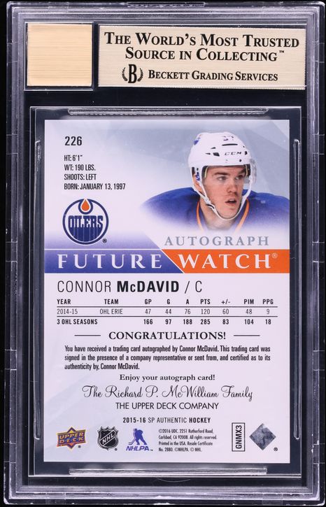 2015 SP Authentic Future Watch Connor McDavid ROOKIE AUTO /999 #226 BGS 9.5 GEM MINT
