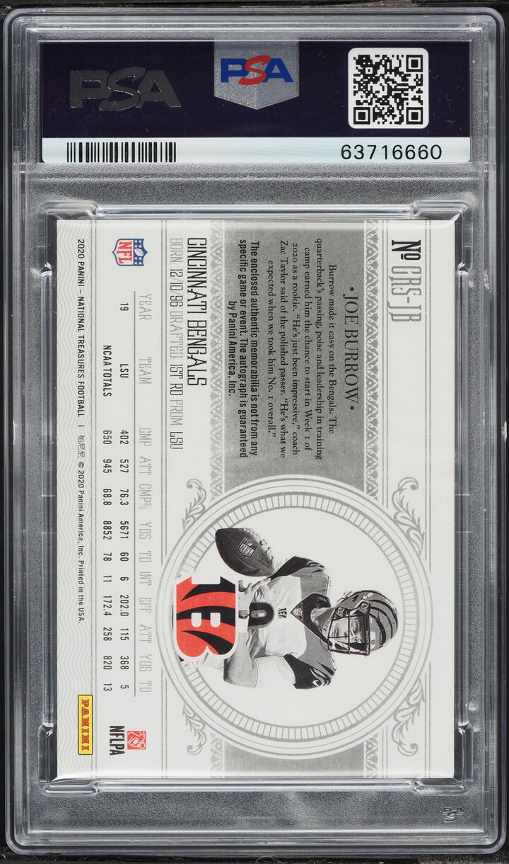 2020 National Treasures Crossover Holo Gold Joe Burrow ROOKIE PATCH AUTO DNA 10 /25 PSA 10 GEM