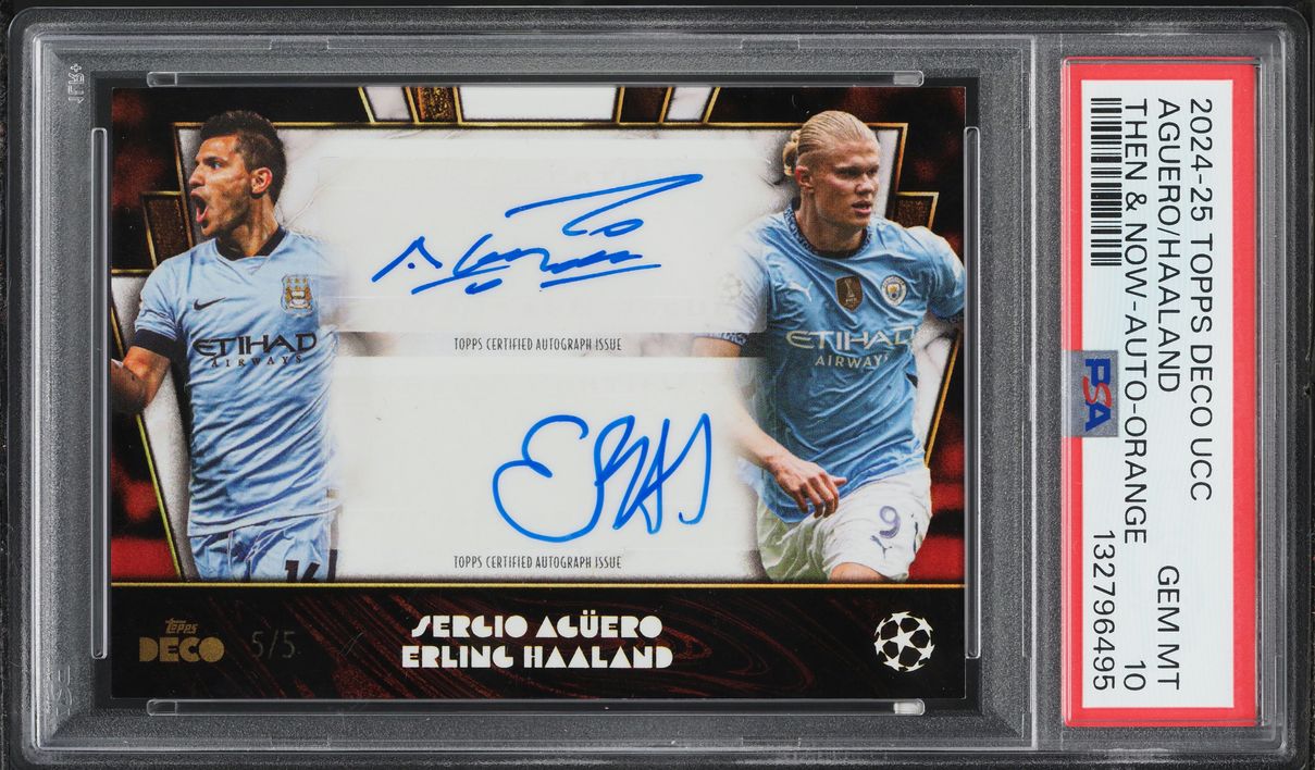 2024 Topps Deco UEFA Then & Now Orange Sergio Aguero Erling Haaland AUTO 5/5 PSA 10 GEM MINT