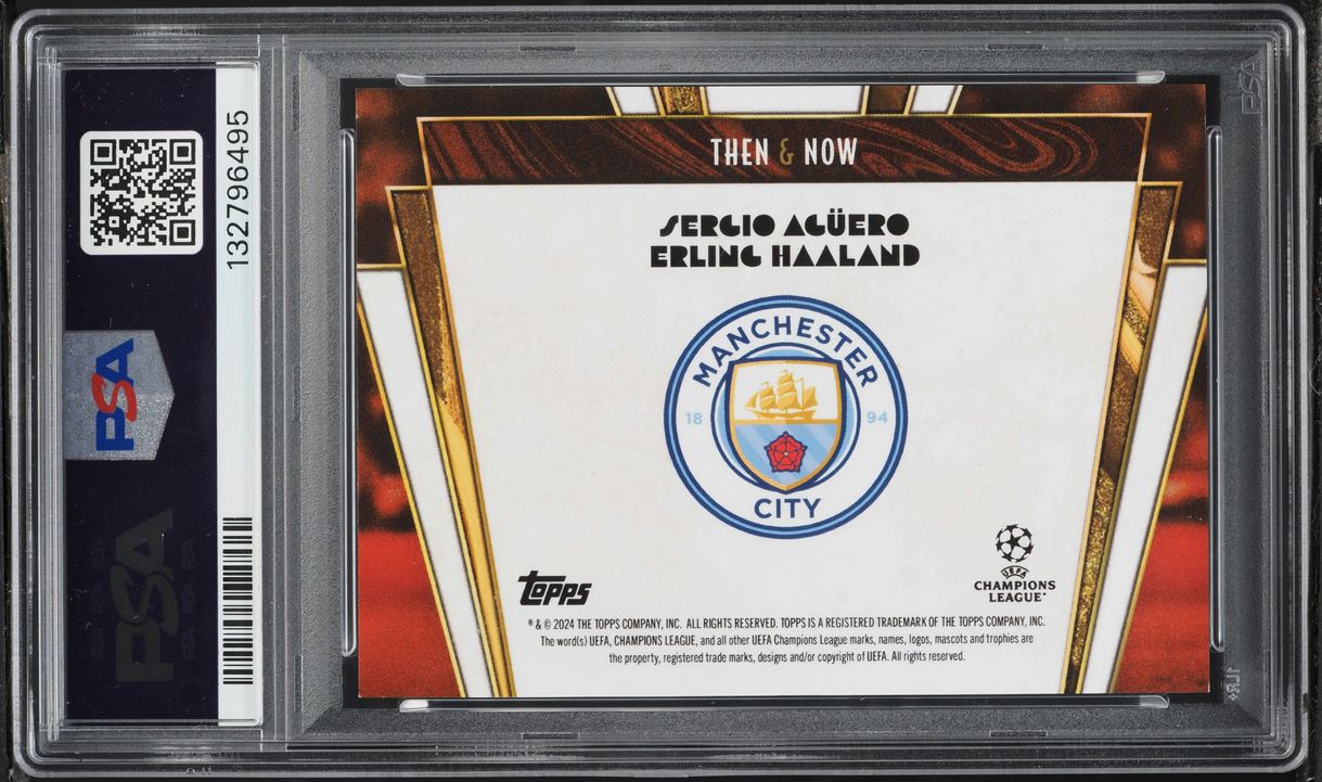 2024 Topps Deco UEFA Then & Now Orange Sergio Aguero Erling Haaland AUTO 5/5 PSA 10 GEM MINT