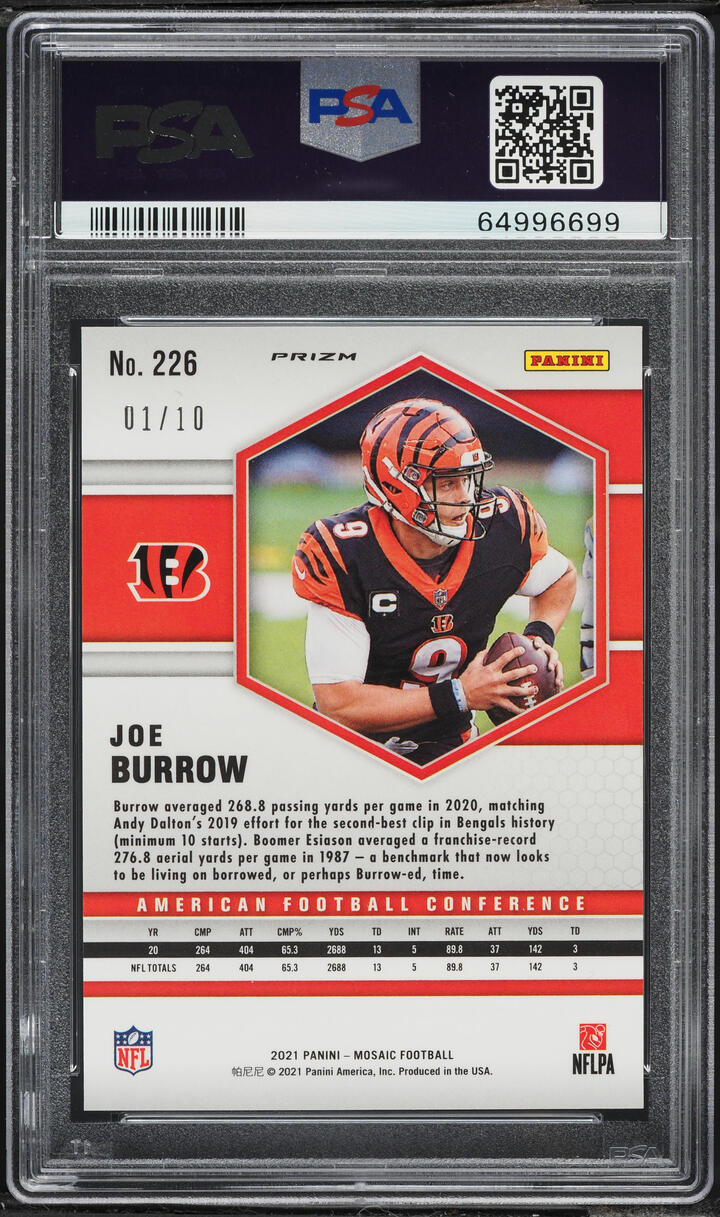 2021 Panini Mosaic Gold Prizm Joe Burrow 1/10 #226 PSA 9 MINT