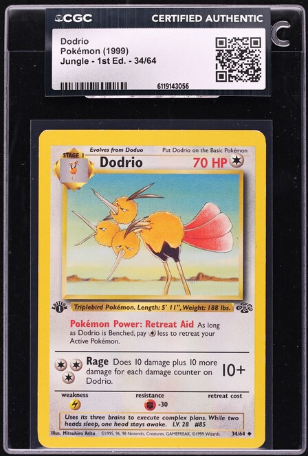 dodrio pokemon card value 1999 Pokemon Jungle 1st Edition Dodrio #34 CGC 10 GEM MINT on Fanatics  Collect