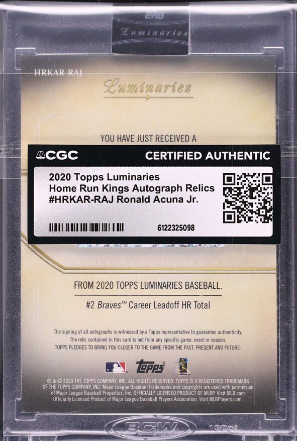 2020 Topps Luminaries Home Run Kings Ronald Acuna Jr. PATCH AUTO /15 #HRKAR-RAJ CGC AUTH