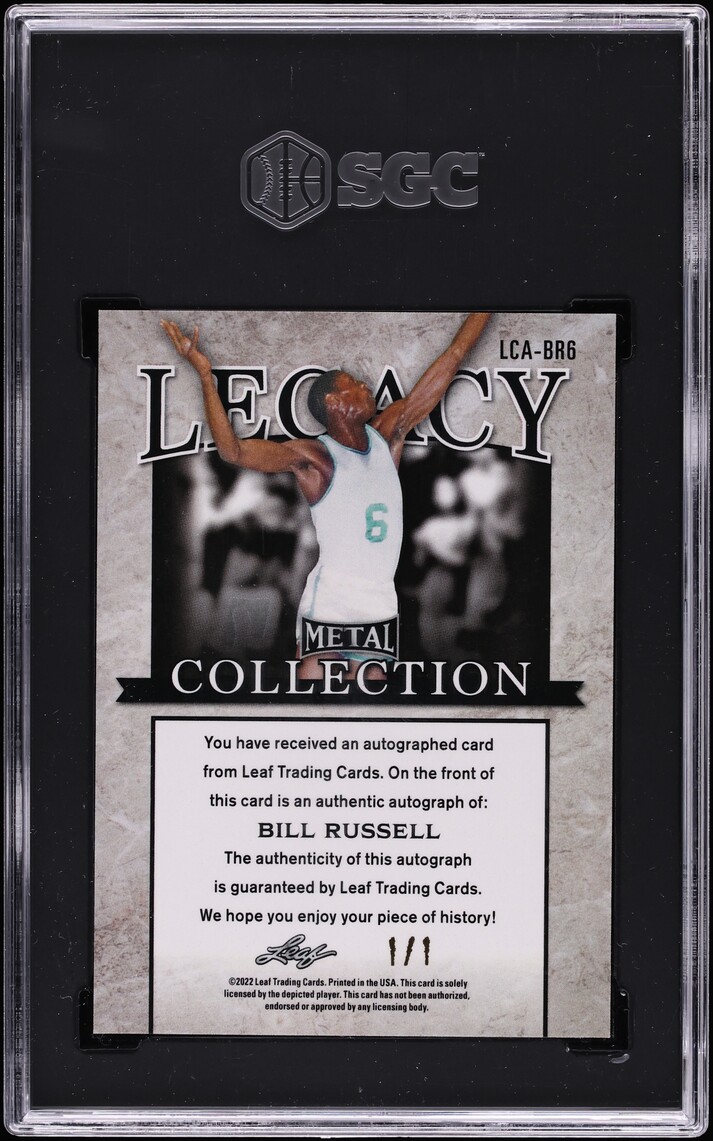 2022 Leaf Legacy Collection Orange Crystal Bill Russell AUTO 1/1 #LCA-BR6 SGC 10 GEM MINT
