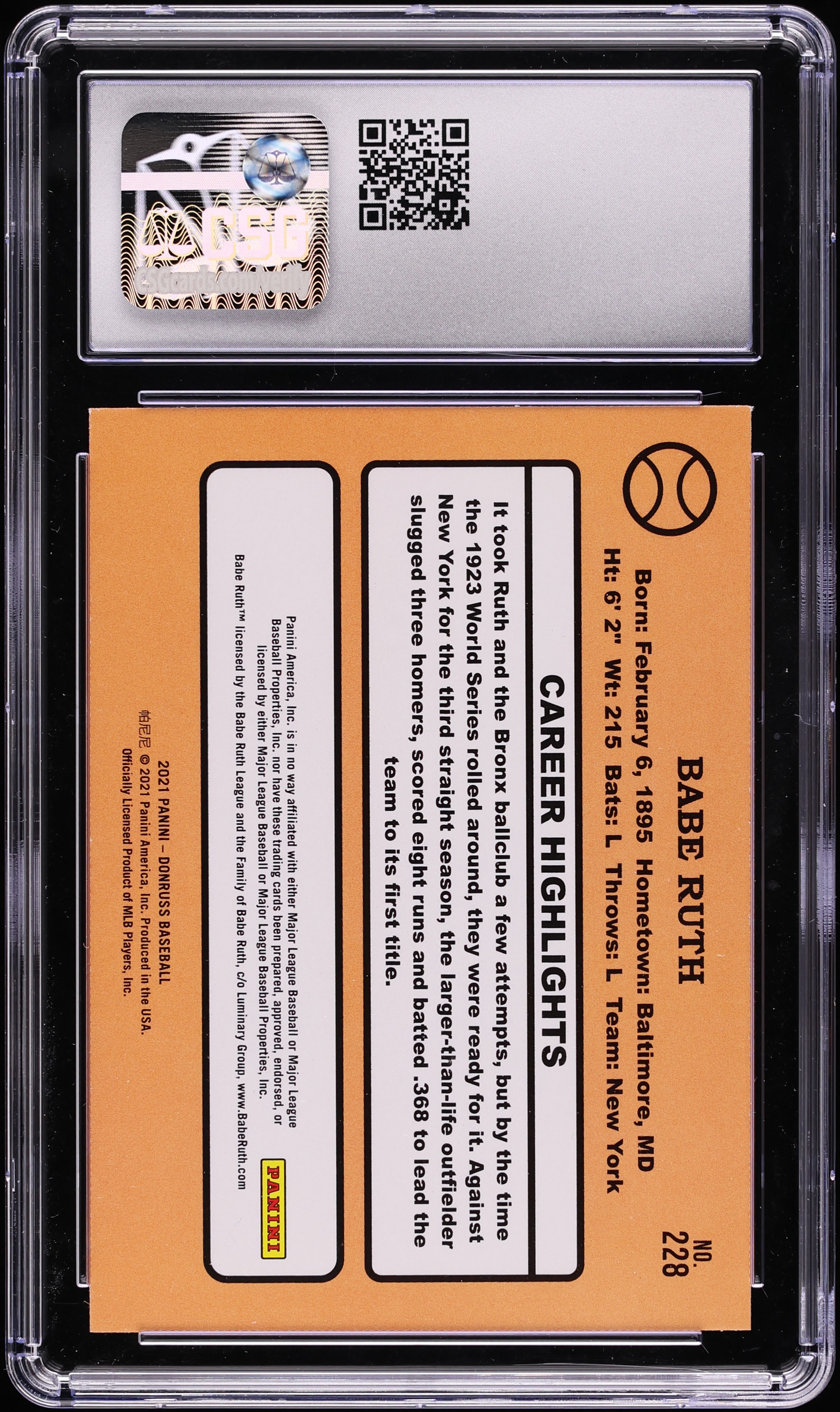 2021 Donruss '87 Retro Holo Purple Babe Ruth #228 CSG 9.5 MINT+ on