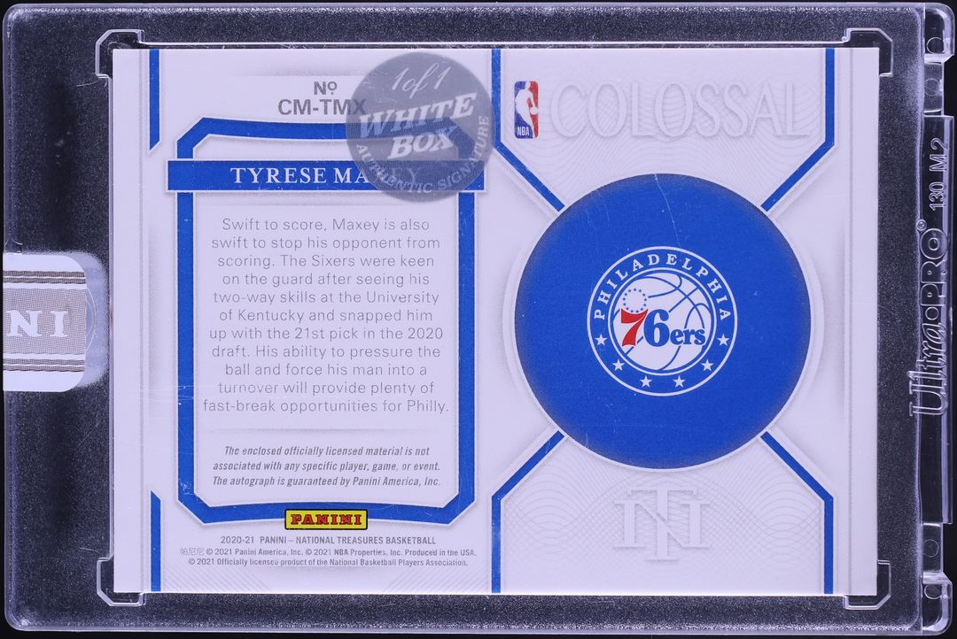 2020 National Treasures Colossal White Box Tyrese Maxey ROOKIE PATCH AUTO 1/1 #CM-TMX