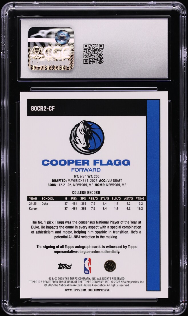 2025 Topps '80 Silver Pack Gold Cooper Flagg ROOKIE AUTO /50 #80CR2-CF CGC 10 GEM MINT