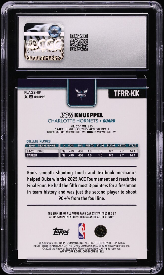 2025 Topps Flagship Real One Black Rainbow Foil Kon Knueppel ROOKIE AUTO /10 #TFRR-KK CGC 9