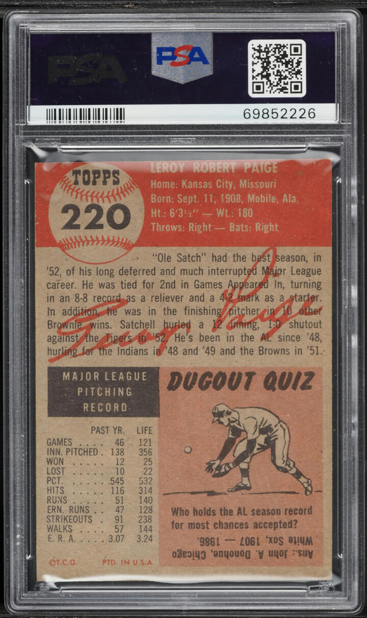 1953 Topps Satchell Paige #220 PSA ALTERED AUTH