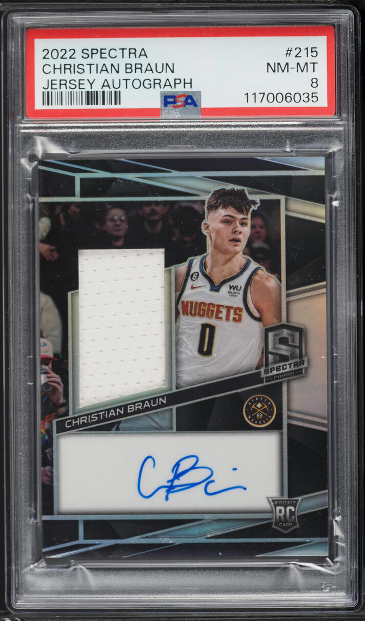 2022 Panini Spectra Christian Braun ROOKIE PATCH AUTO /199 #215 PSA 8 NM-MT