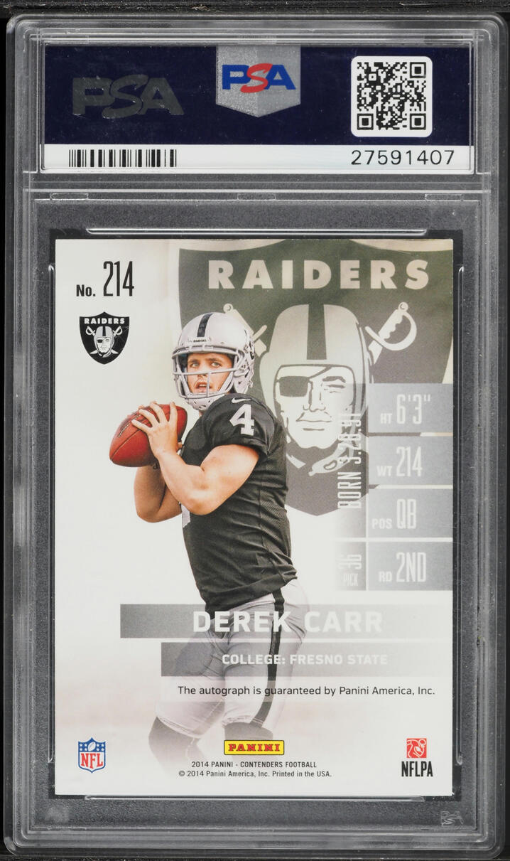 2014 Panini Contenders Derek Carr ROOKIE AUTO #214 PSA 8.5 NM-MT+