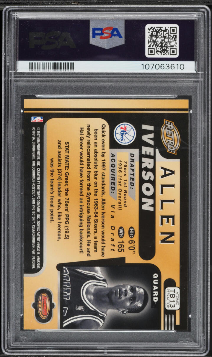 1996 Bowman's Best Retro Atomic Refractor Allen Iverson ROOKIE #TB13 PSA 8 NM-MT
