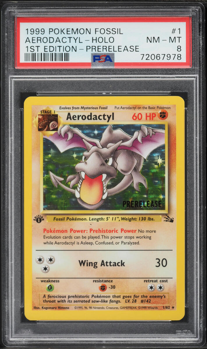 1999 Pokemon Fossil 1st Edition Prerelease Holo Aerodactyl #1 PSA 8 NM-MT