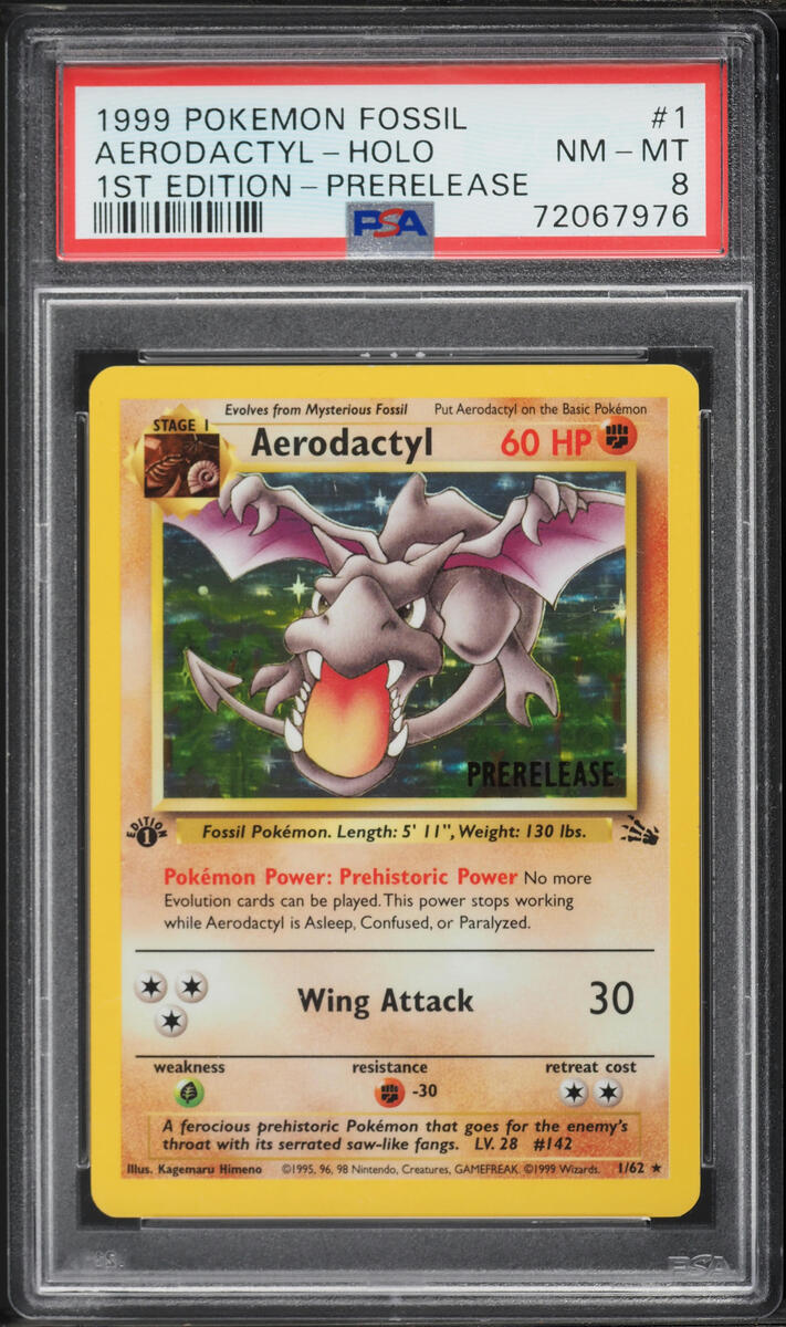 1999 Pokemon Fossil 1st Edition Prerelease Holo Aerodactyl #1 PSA 8 NM-MT