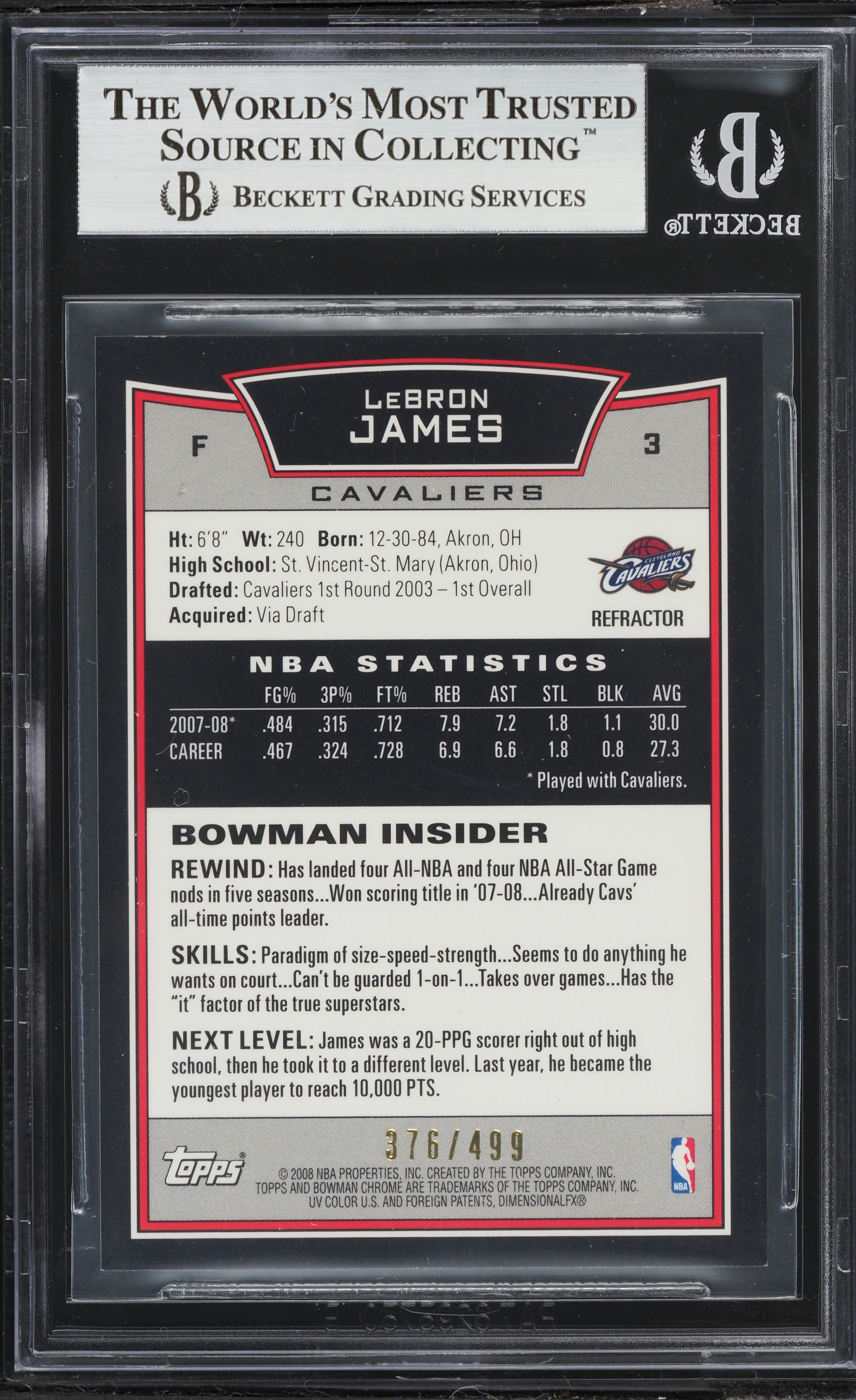 2008 Bowman Chrome Refractor LeBron James /499 #3 BGS 9 MINT on
