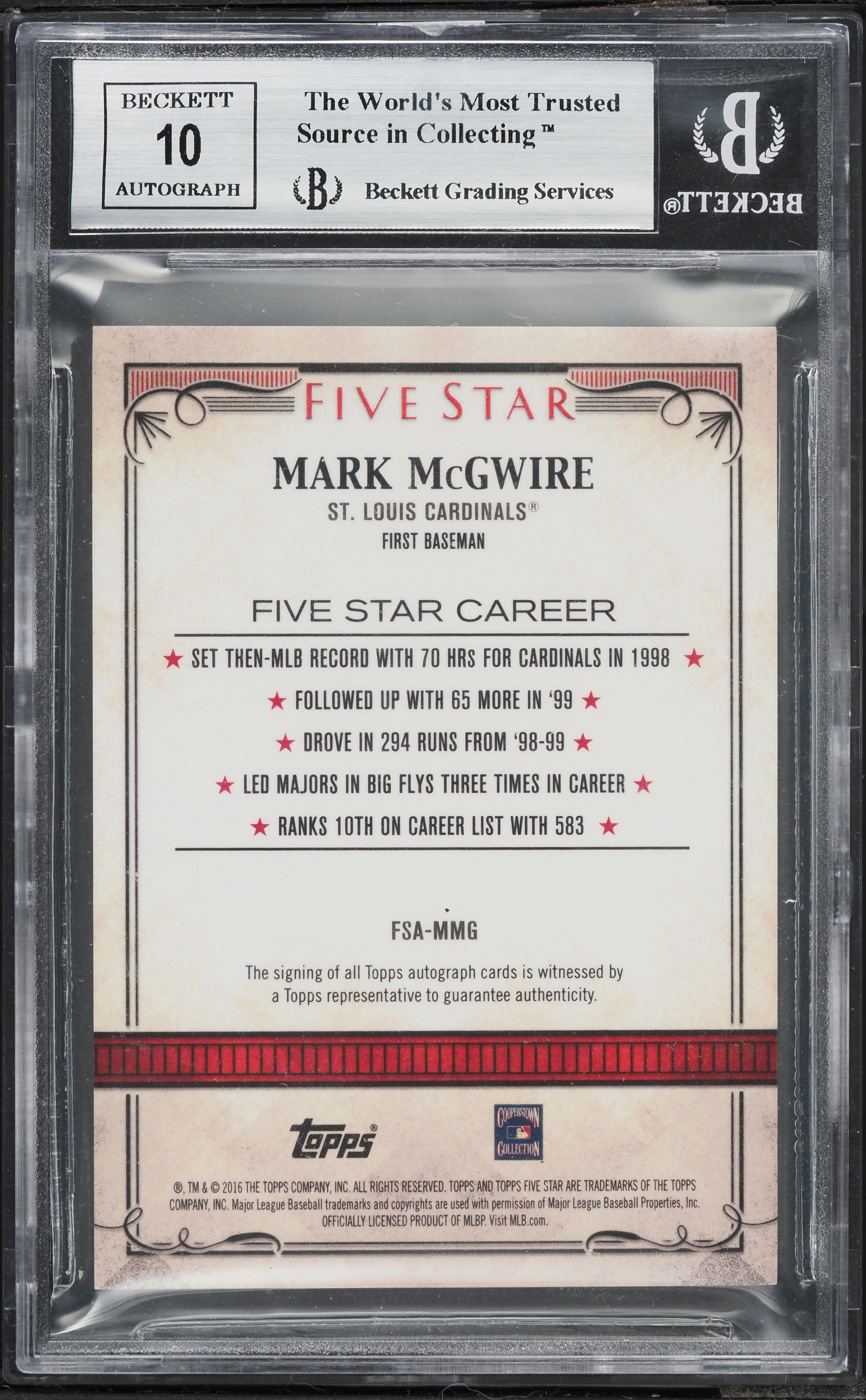2016 Topps Five Star Gold Mark McGwire AUTO /50 #FSAMMG BGS 9 MINT 