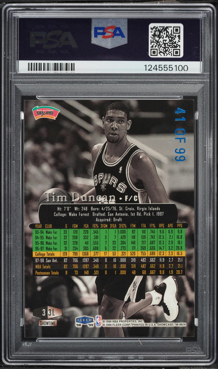 1998 Flair Showcase Legacy Collection Row 3 Tim Duncan /99 #3L PSA 8 NM-MT