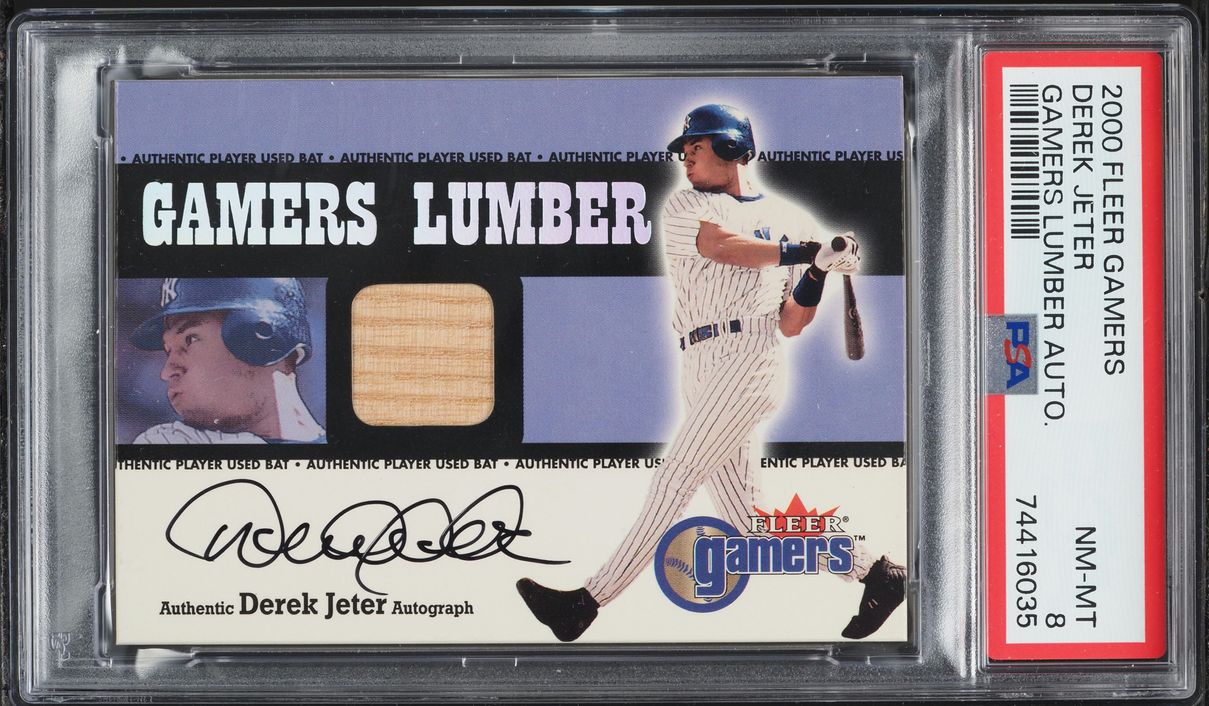 2000 Fleer Gamers Lumber Derek Jeter RELIC AUTO PSA 8 NM-MT