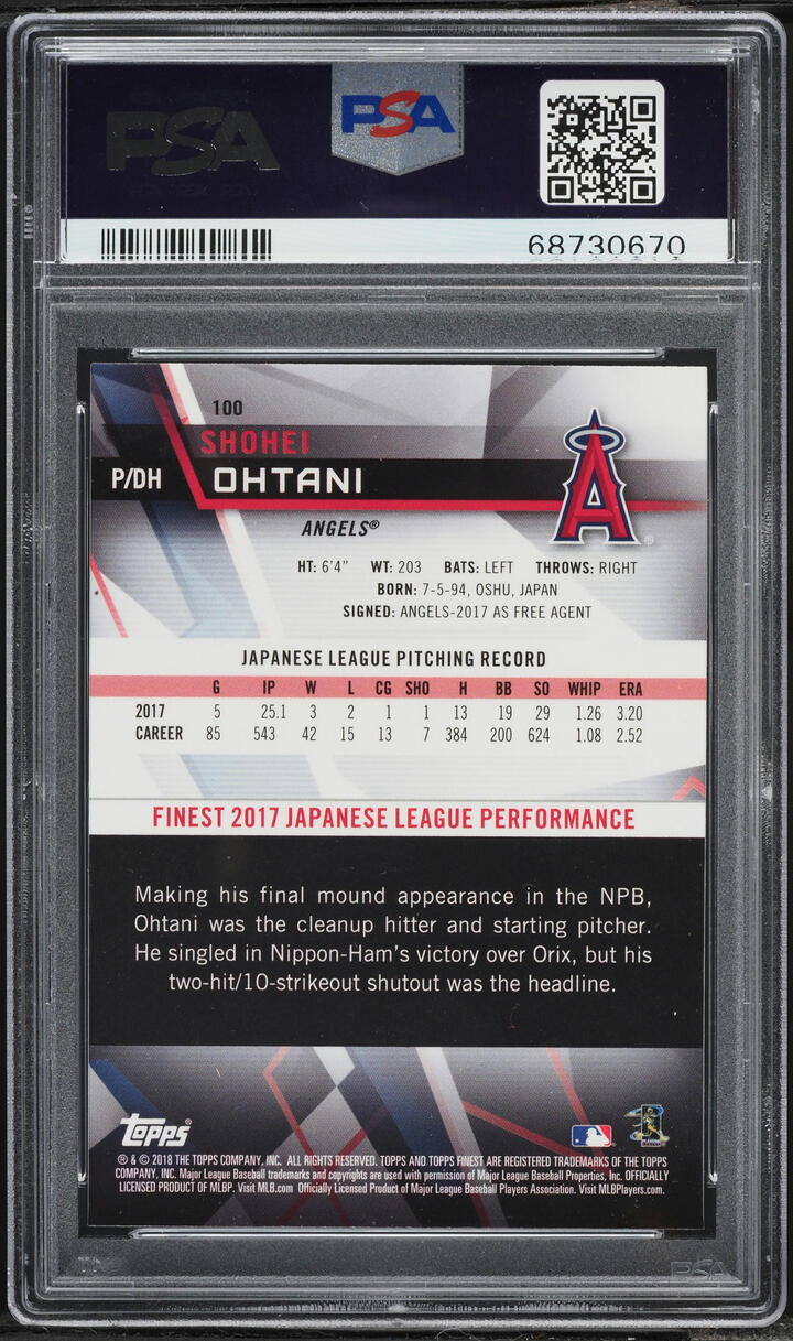 2018 Finest Shohei Ohtani ROOKIE #100 PSA 10 GEM MINT