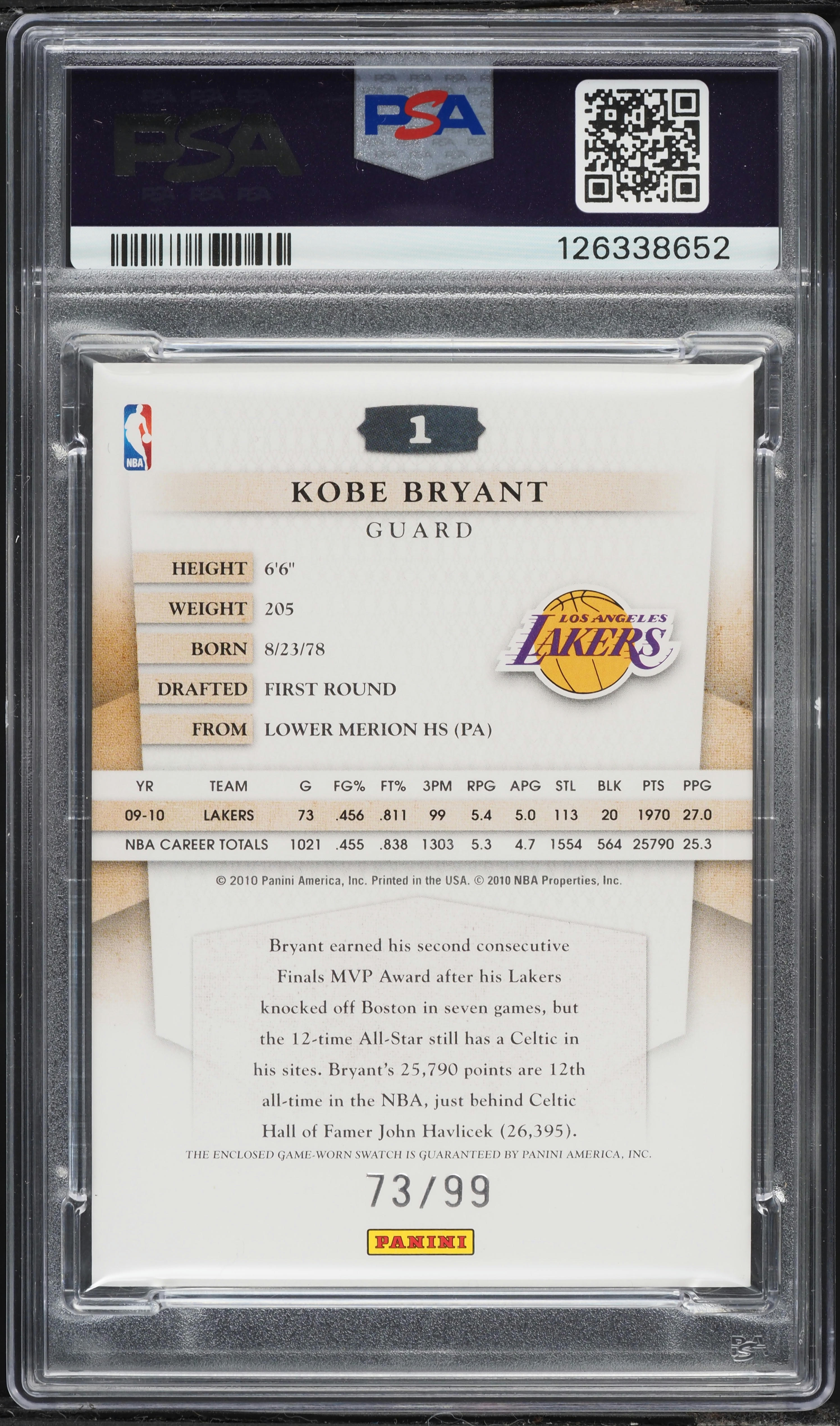 2010 Panini Timeless Treasures Kobe Bryant PATCH /99 #1 PSA 9 MINT
