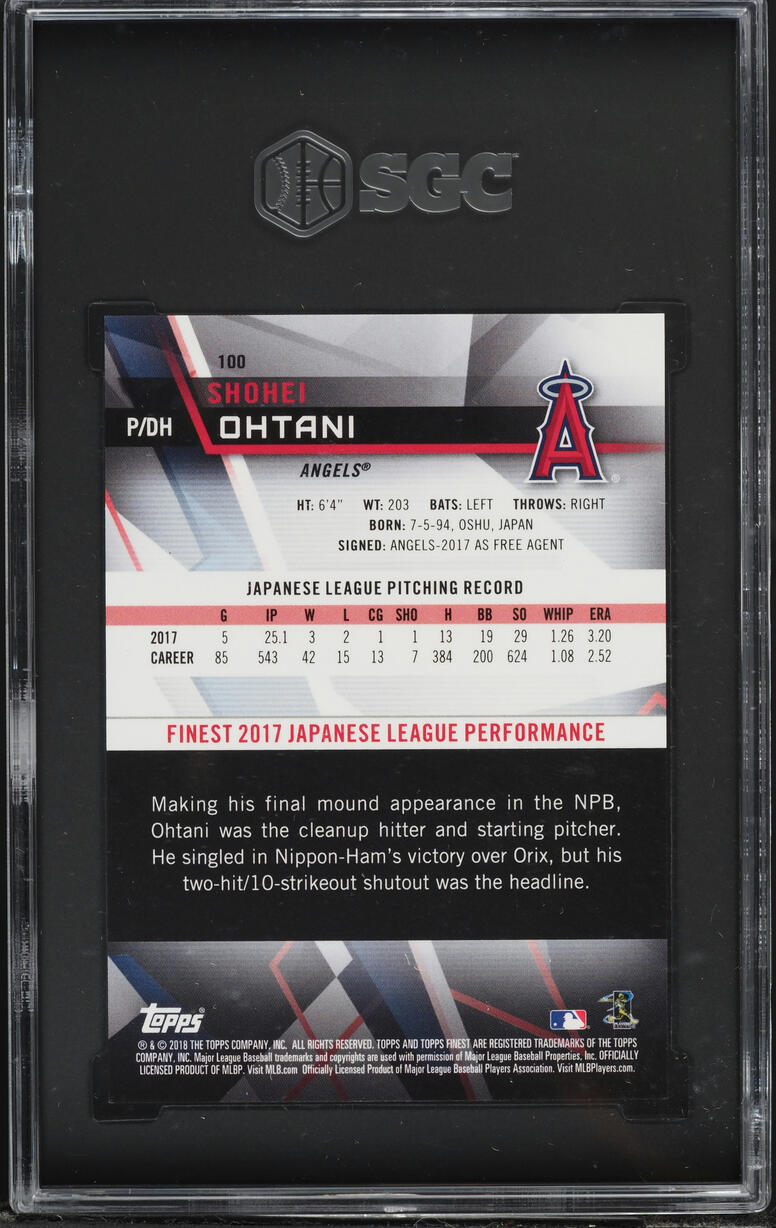 2018 Finest Purple Refractor Shohei Ohtani ROOKIE /250 #100 SGC 10