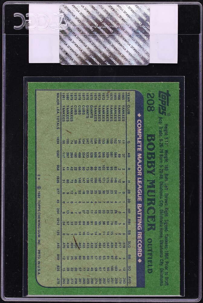 1982 Topps Bobby Murcer #208 CGC AUTH