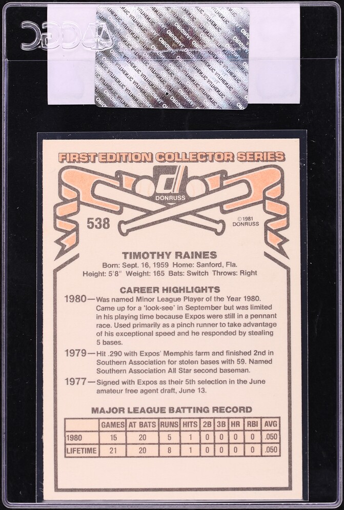 1981 Donruss Tim Raines ROOKIE #538 CGC AUTH