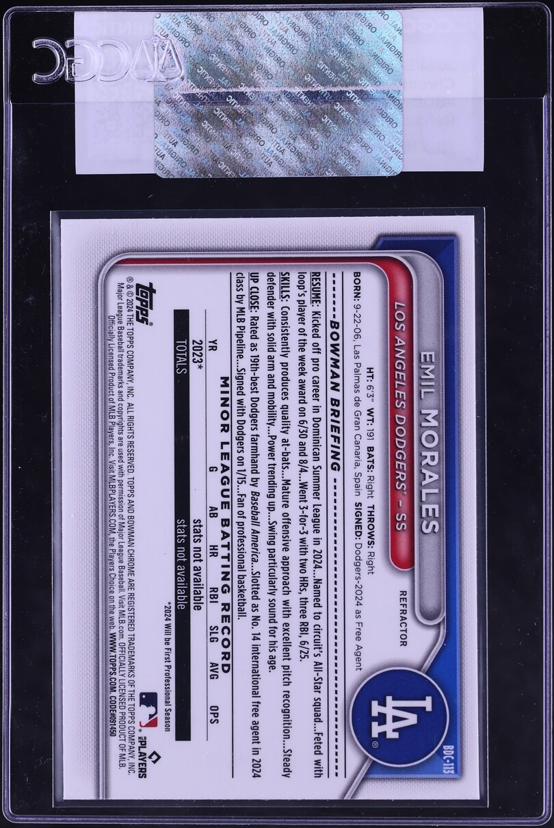 2024 Bowman Chrome Draft Refractor Emil Morales PROSPECT #BDC-113 CGC AUTH